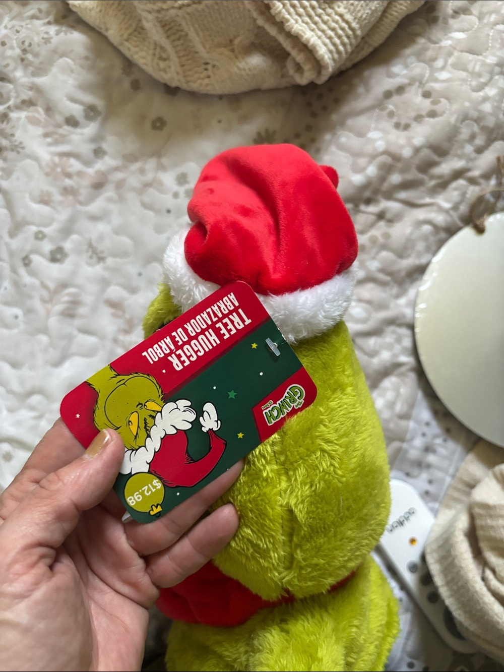 Festive Grinch Plush Holiday tree topper in Bright Green with Red Hat - Picture 5 of 7